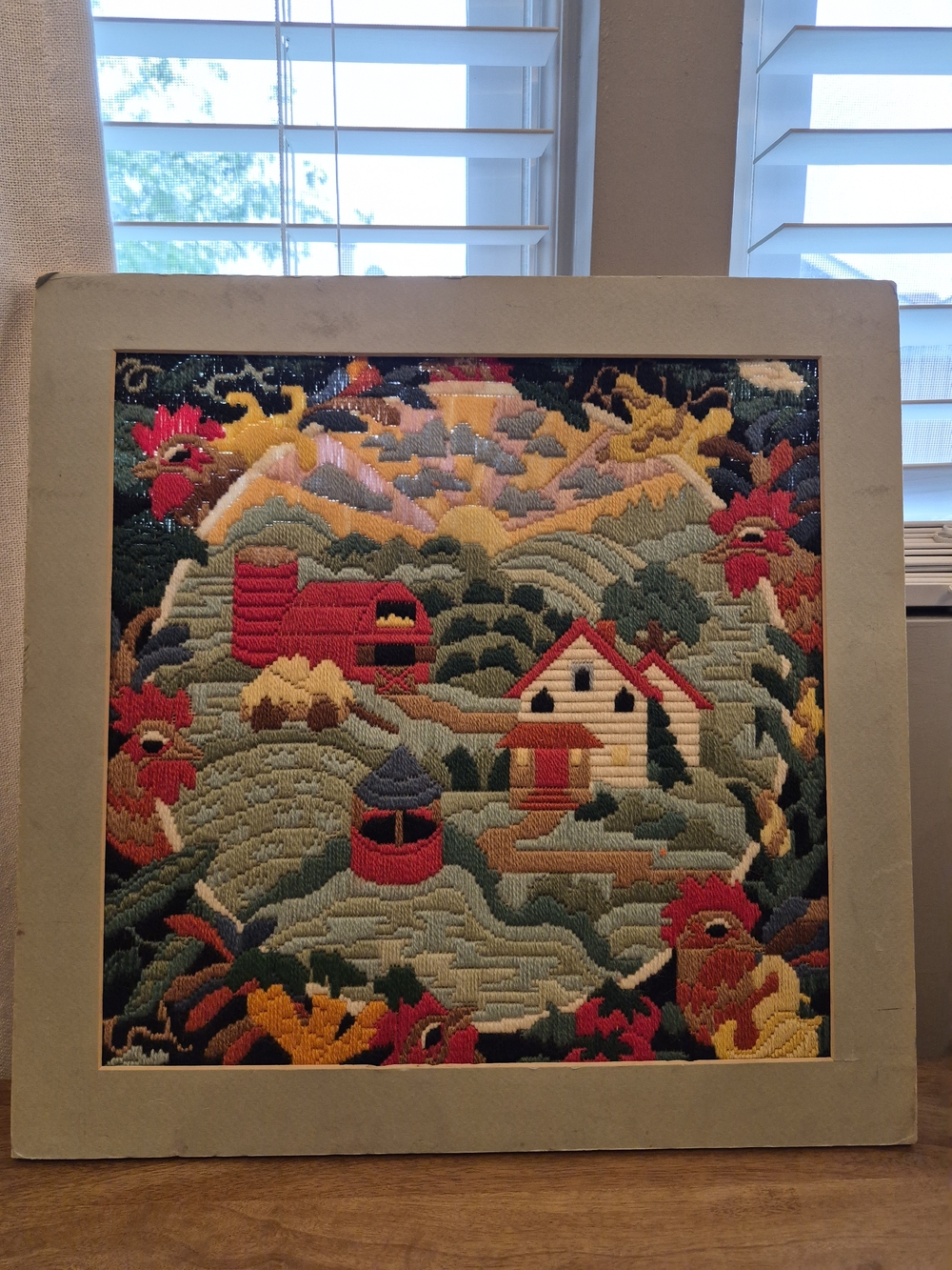 Framed Folk Art Hooked Rug Wall Hanging - Colorful Farm Scene Handmade Vintage
